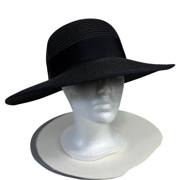 Black Wide Brim Straw Hat Sun Ponytail Notch Ribbon Bow Sophisticated Church Eve - Picture 1 of 9